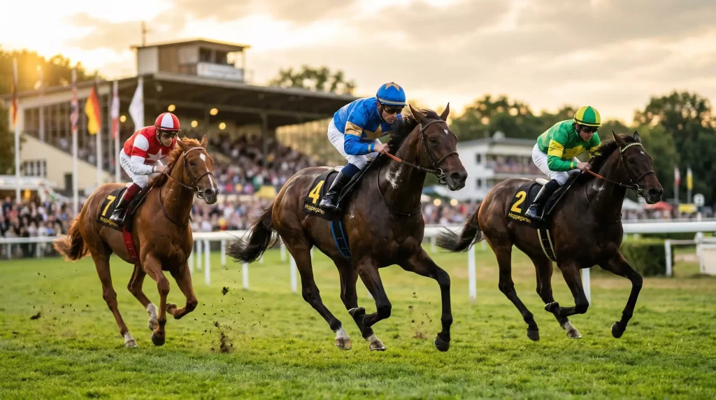 Pferdewetten Anbieter Vergleich – Rennpferde beim Galopprennen auf der Rennbahn