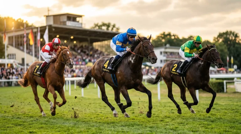 Pferdewetten Anbieter Vergleich – Rennpferde beim Galopprennen auf der Rennbahn