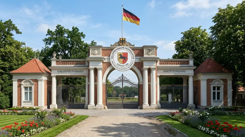 Pferdewetten legal in Deutschland – deutsche Rennbahn mit Flagge und offizieller Atmosphäre