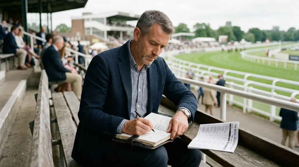 Pferdewetten Strategie – Wetter analysiert Rennform auf Notizblock am Ort des Rennens