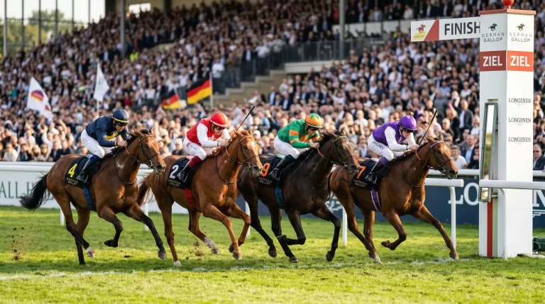 Wettarten bei Pferdewetten – Zieleinlauf beim Galopprennen mit mehreren Pferden